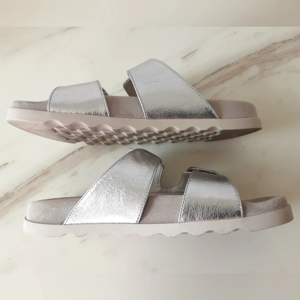 ZARA Silver Metallic Double Buckle Cushion Comfort Slides Sandals Sz 40 (9) - Picture 6 of 9